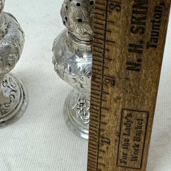 Antique Coin Silver Repousse Salt & Pepper Shakers Figural Dancing Scene 19c